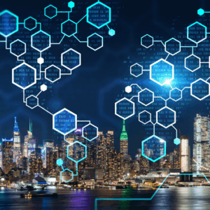 new york city skyline, blockchain concept, decentralized economy.