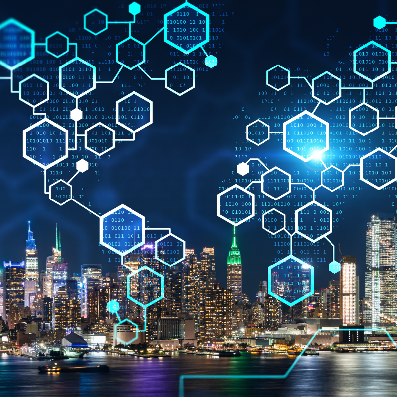 new york city skyline, blockchain concept, decentralized economy.