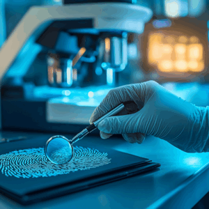 A forensic scientist examining a digital fingerprint with a magnifying glass in a lab.