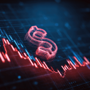 A close-up shot of a downward-trending stock chart, accompanied by a glowing dollar symbol, evoking the anxieties of a market decline and Navigating Cost Volatility in Manufacturing.