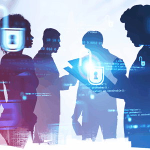 Diverse business team in city, cyber security