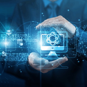 EdTech developer hands holding tools educational technology network connections, learning platforms, gamification apps, virtual classrooms Content supports analytics engagement.