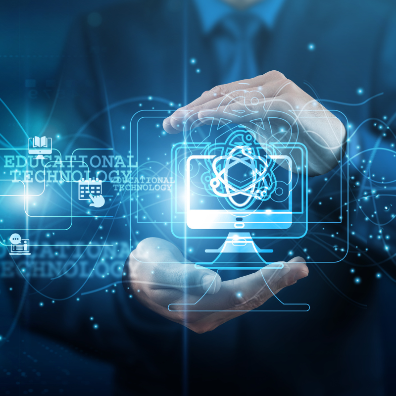 EdTech developer hands holding tools educational technology network connections, learning platforms, gamification apps, virtual classrooms Content supports analytics engagement.