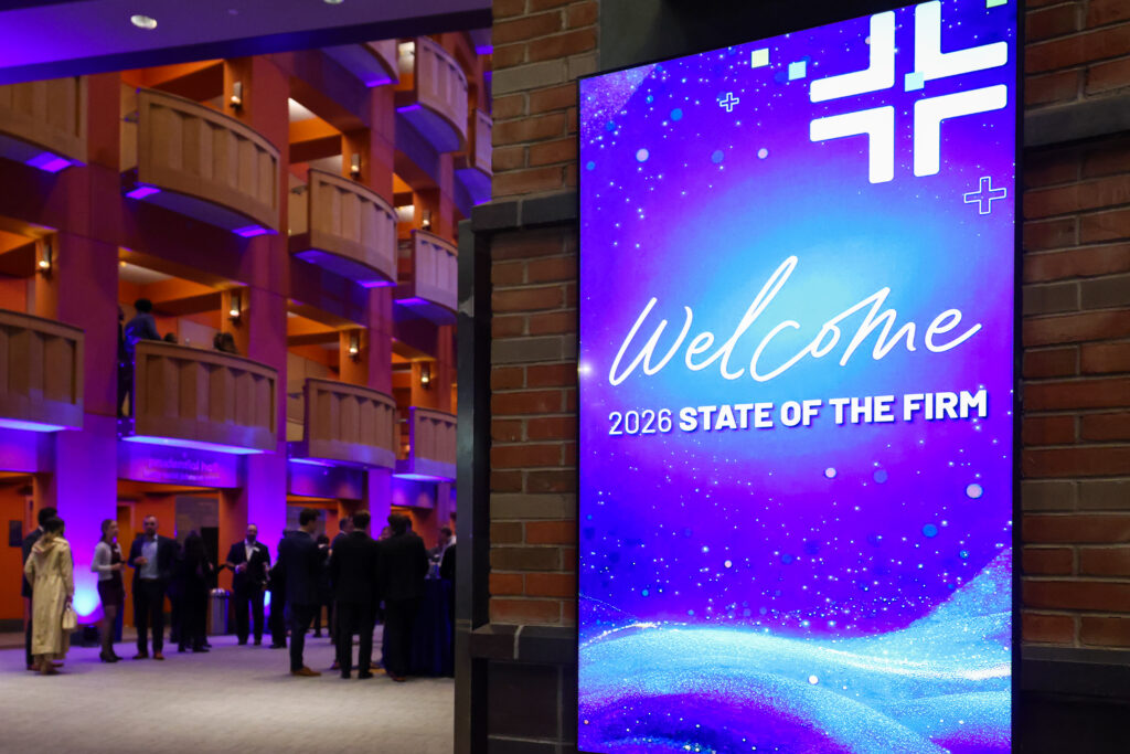 Withum's State of the firm blue welcome banner with white letters.