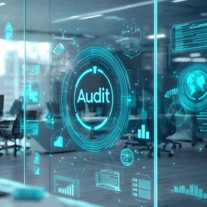 A modern corporate office environment with display of audit and compliance metrics and financial statistics shown on the walls