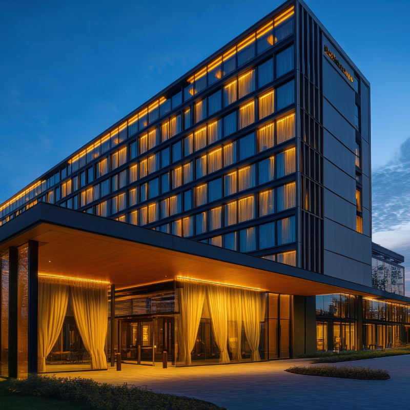 exterior shot of hotel at night