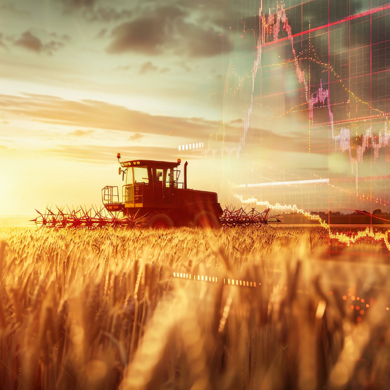A tractor gracefully navigates a wheat field while a stock chart looms in the background, symbolizing the intersection of agriculture and finance.
