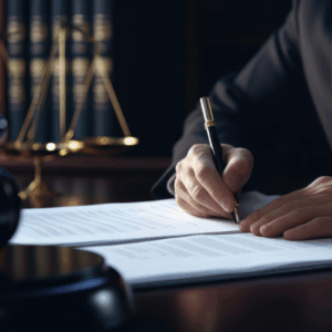 Portrait of a male lawyer at a prestigious law firm meticulously reviewing legal billing documents