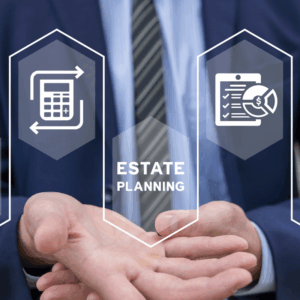 Businessman using a virtual interface showing the Estate Planning concept. Real estate agent manager working on documents, mortgage and properties.