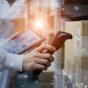 Electronic inventory management concept. logistics tech. Barcode reader.