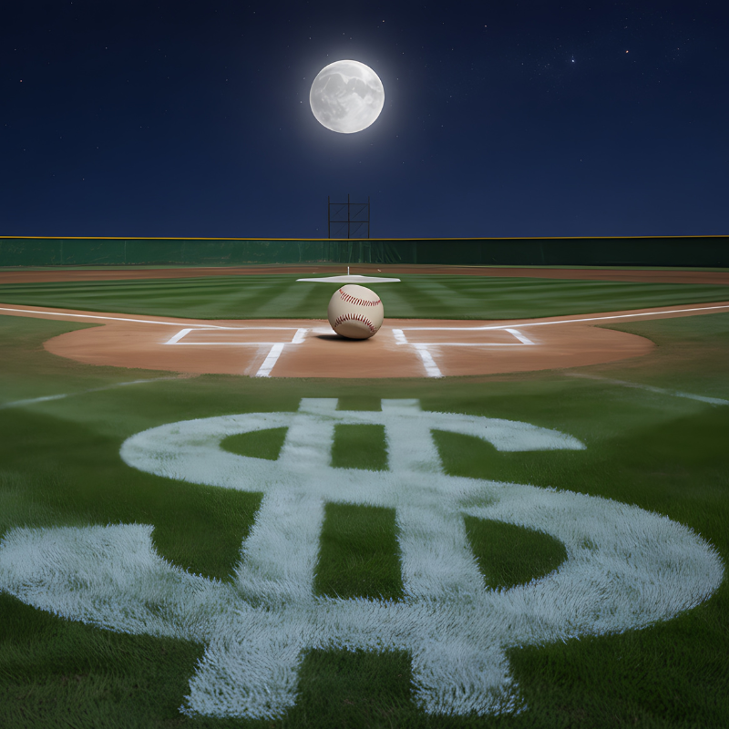 Baseball diamond glows under the moonlit sky with a prominent dollar sign on the grass, symbolizing the lucrative world of professional sports.