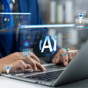 Businessman use artificial intelligence AI technology for enhanced work efficiency data analysis and efficient tools, Unlocking work potential with AI solutions chatbot help solve work problems.