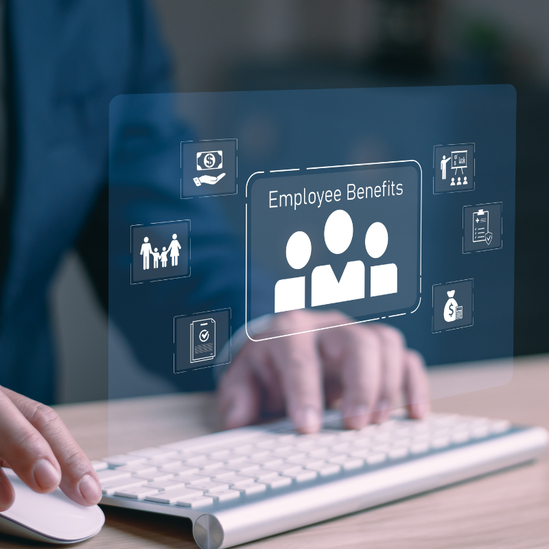 Business professional using digital interface showing employee benefits management, HR technology, payroll, insurance and workforce support concept for modern corporate human resources systems