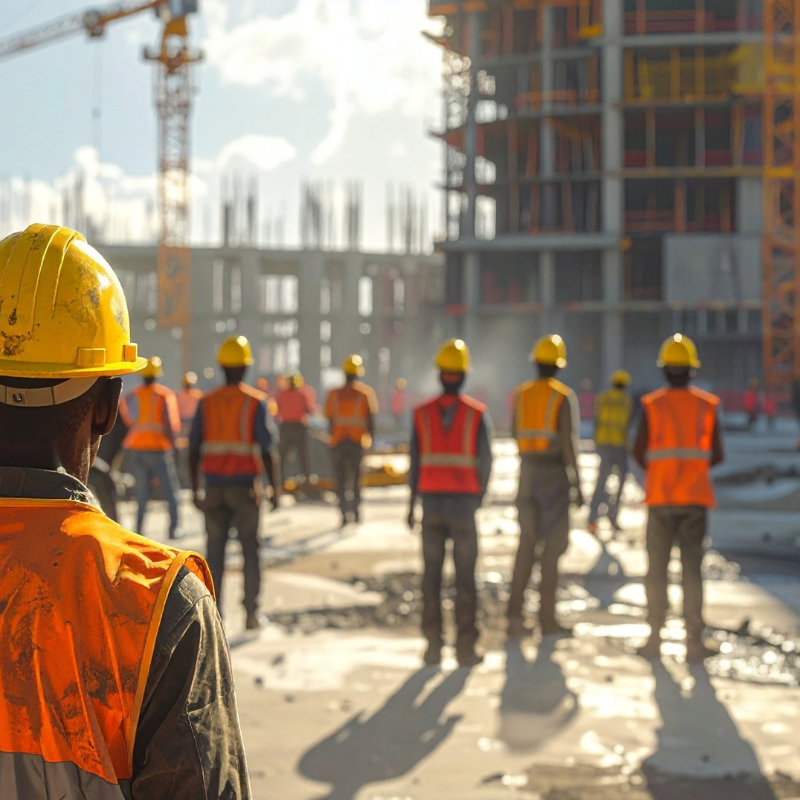 Digital illustration of construction site with multiple workers wearing orange safety vests and yellow hard hats, workers spread across site