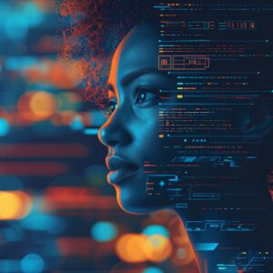A young woman's face looking at digital data.
