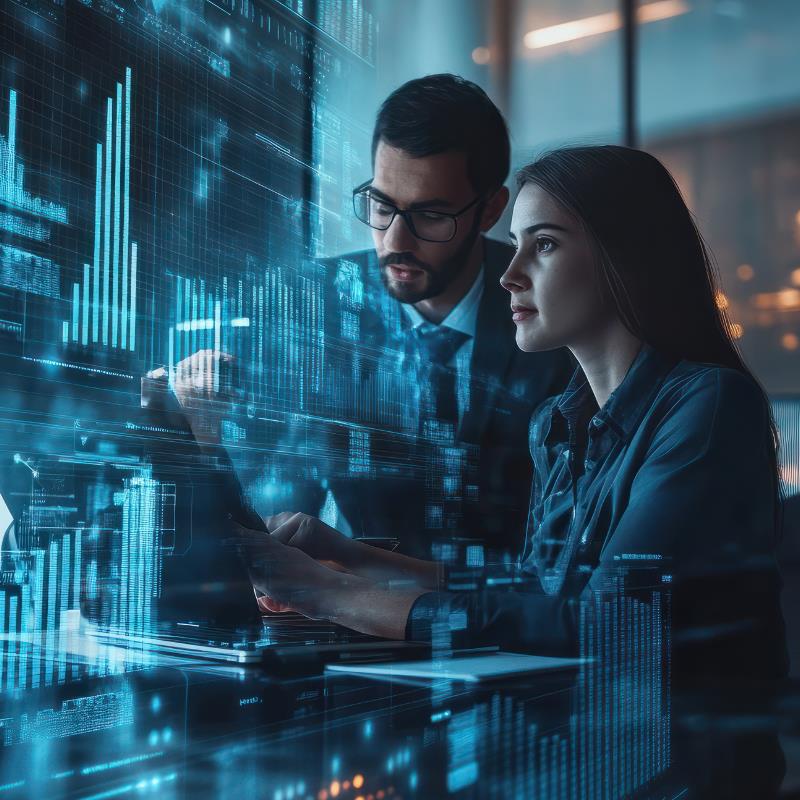 two colleagues reviewing artificial intelligence dashboards on digital screen.