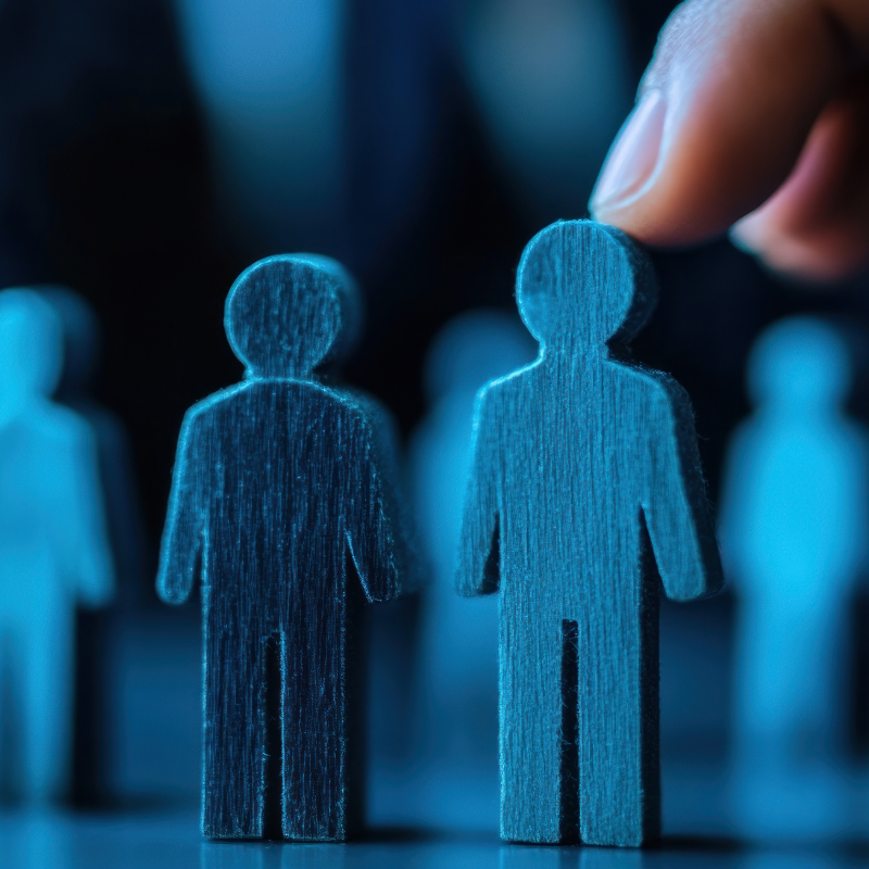 Multiple dummy persons and a person's finger pointing one of the dummy person