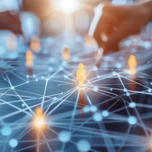 A graphic representation of business professionals collaborating on a virtual network grid, surrounded by various virtual representations of people depicting online connectivity.