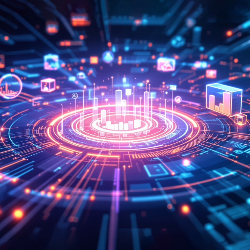 Futuristic digital dashboard of analytics glowing with neon icons.