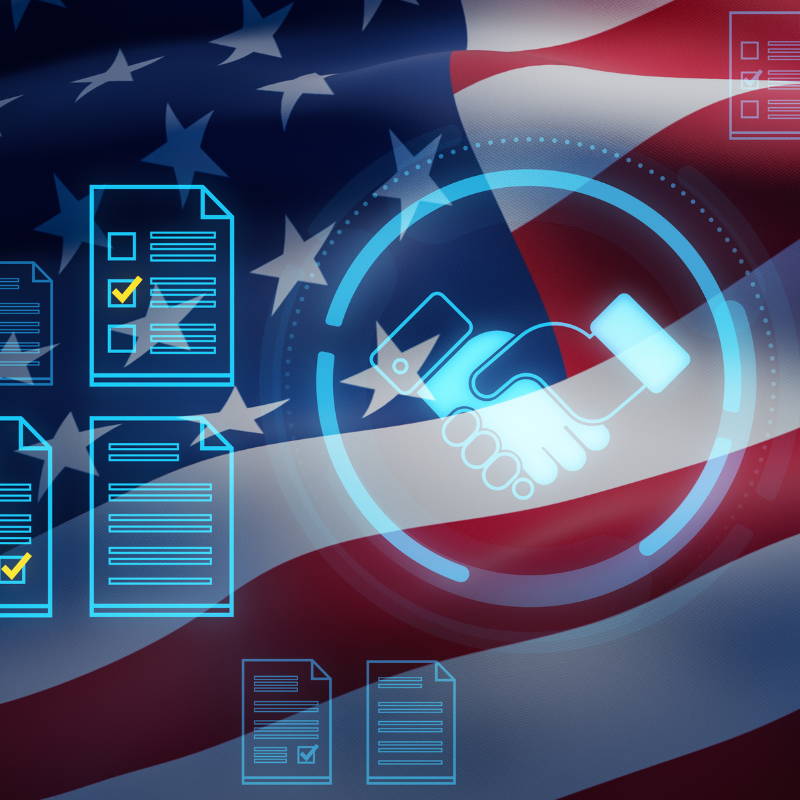 Digital handshake and document icons over American flag representing legal agreement and government contract concept.