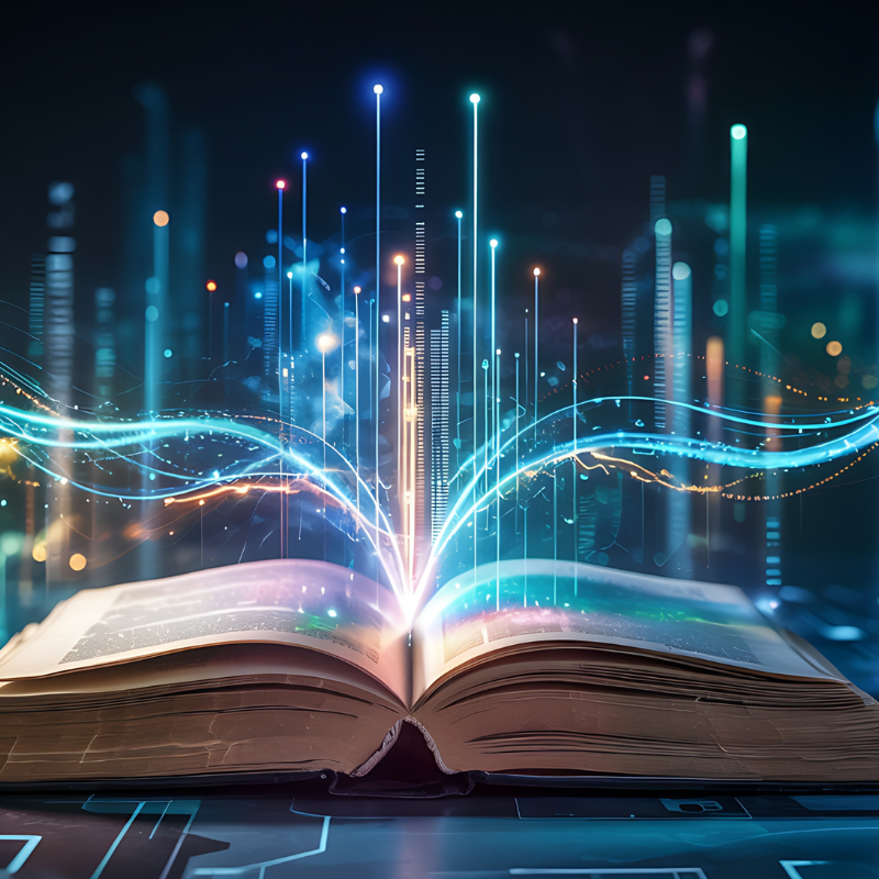 A large book on a table radiating vibrant digital data streams and futuristic glowing light beams against a dark technological background.