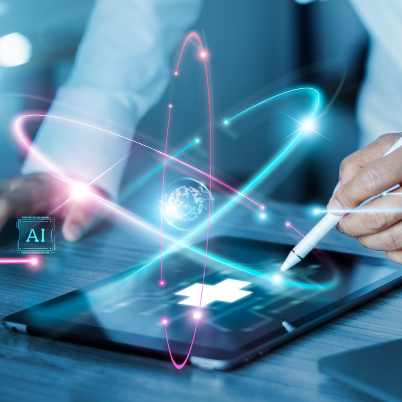 medical professional using an ipad to review business intelligence dashboards.