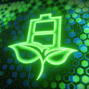 Green, glowing battery and leaf representing clean energy concept.