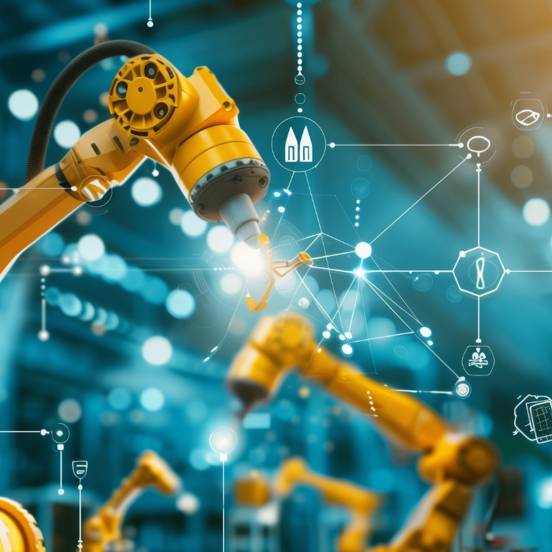 Yellow robot arms with manufacturing and design icons.