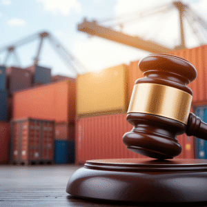 Global trade concept with gavel and shipping containers.