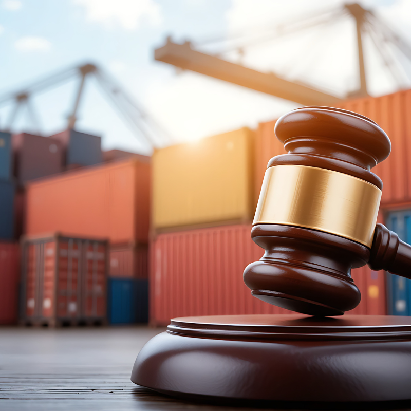 Global trade concept with gavel and shipping containers.