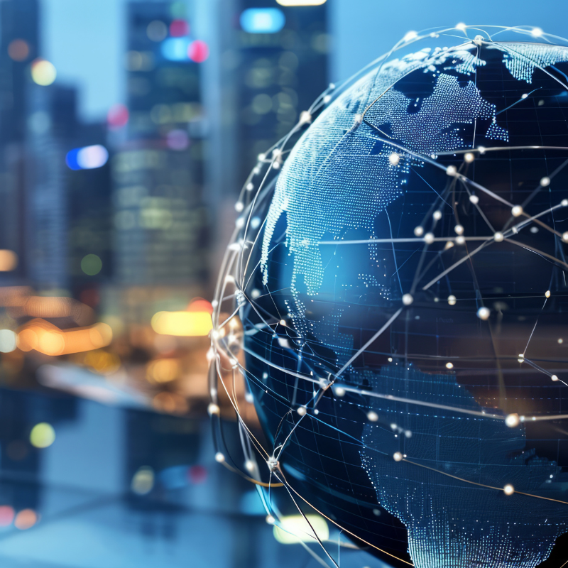 International Global business trade with city skyline in the background.