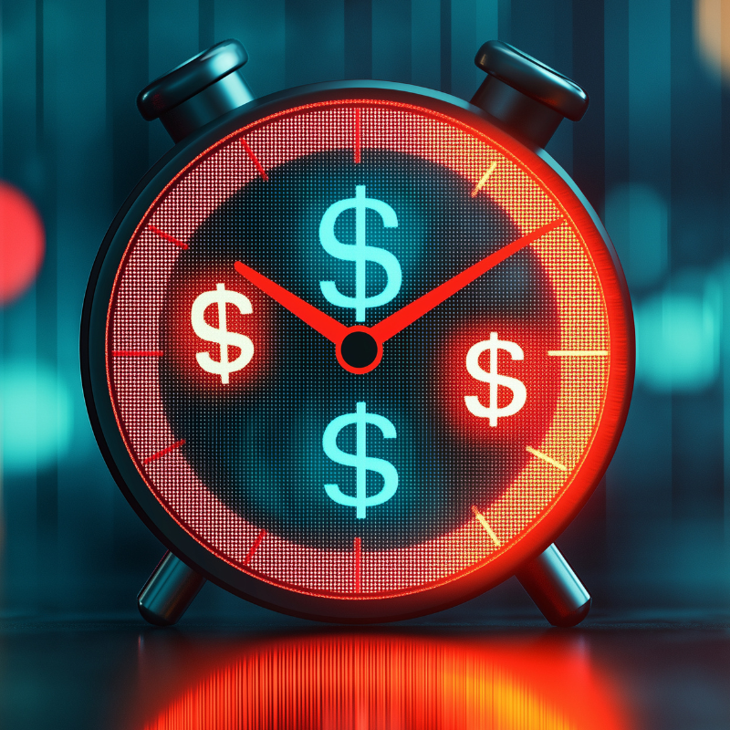 digital clock displaying currency symbols, symbolizing time and money.