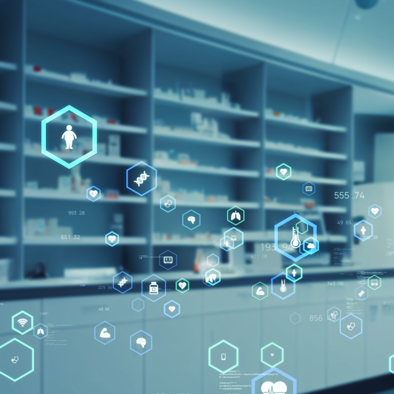 pharmacy with technology icon overlay.