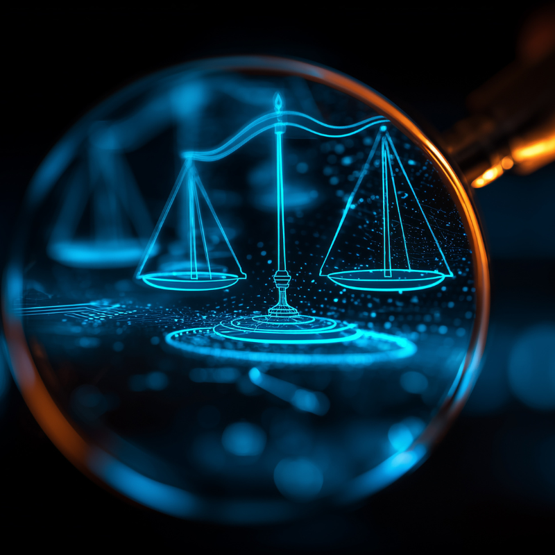Magnifying glass revealing scales of justice on a digital interface symbolizing legal technology and compliance, IRS audit oversight.
