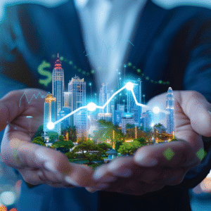 a real estate investor holding a digital picture of his real estate portfolio in his hands.