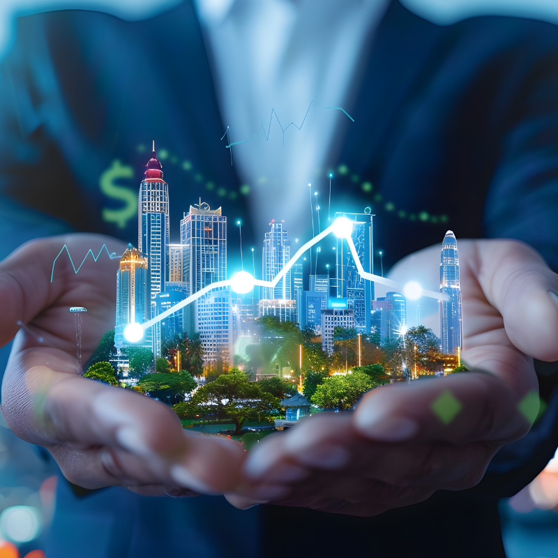 a real estate investor holding a digital picture of his real estate portfolio in his hands.