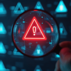 Magnifying glass shows red triangle with exclamation mark.