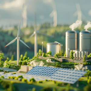 green production facility with solar panels and wind turbines generating clean electricity.