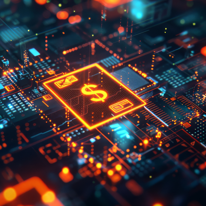 A digital wallet icon surrounded by glowing, futuristic currency symbols.