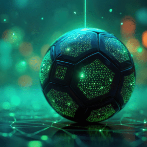 Futuristic soccer ball illuminated with green lights. Abstract art of sports tech.