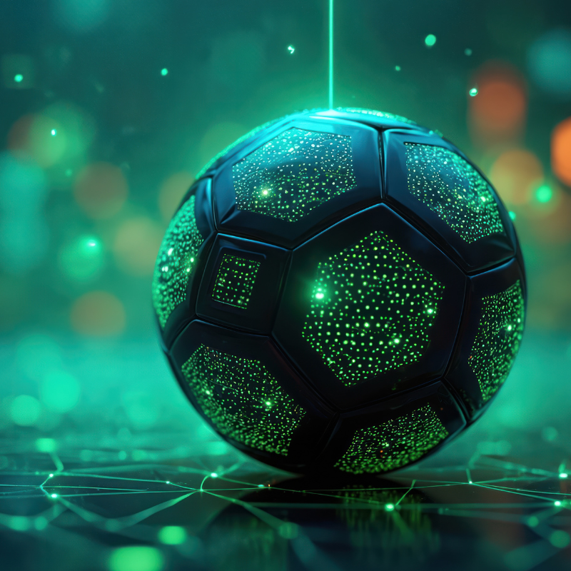 Futuristic soccer ball illuminated with green lights. Abstract art of sports tech.