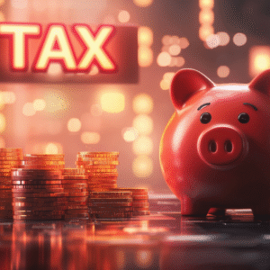 Red piggy bank and coins with illuminated tax sign, concept of financial literacy of Crypto-Asset Reporting Framework.