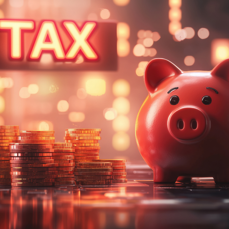 Red piggy bank and coins with illuminated tax sign, concept of financial literacy of Crypto-Asset Reporting Framework.