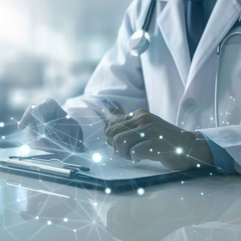 A doctor in a white coat sits at a desk, carefully navigating a digital network displayed over a clipboard. Their focus on the screen illuminates their dedication to modern healthcare.