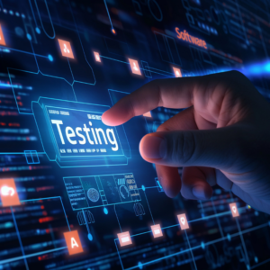 A hand touches a digital screen with text Software Testing and icons. Defects, bugs, errors in codes, Quality assurance, digital technology, AI.