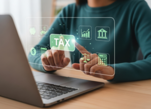 A woman at her computer with a digital overlay of tax services