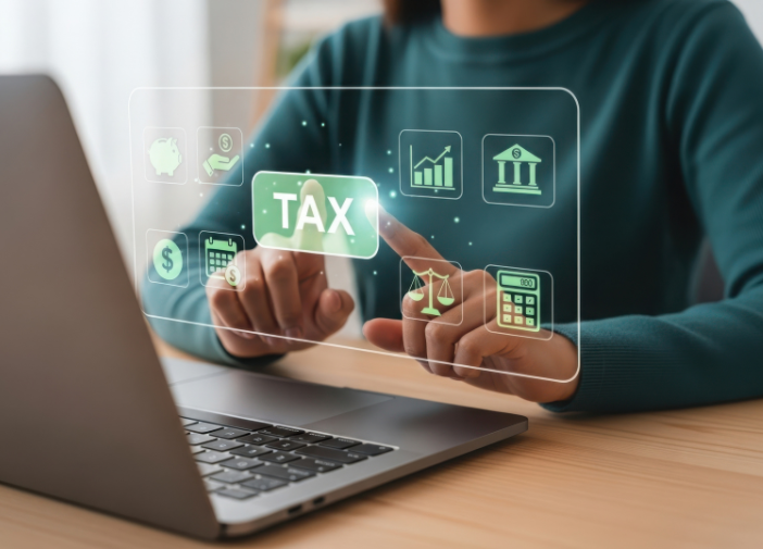 A woman at her computer with a digital overlay of tax services