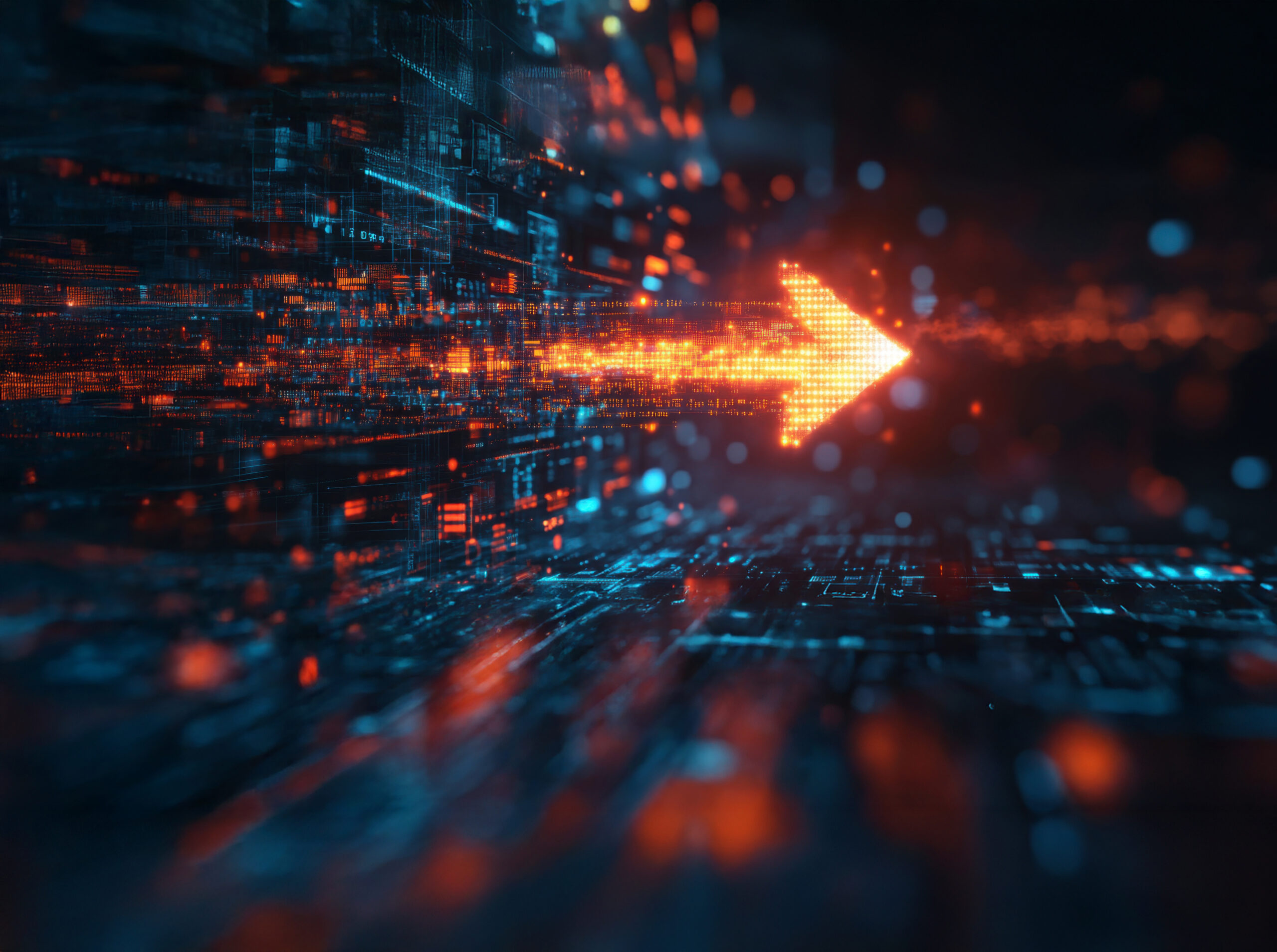 glowing arrow moving quickly with a technology background.
