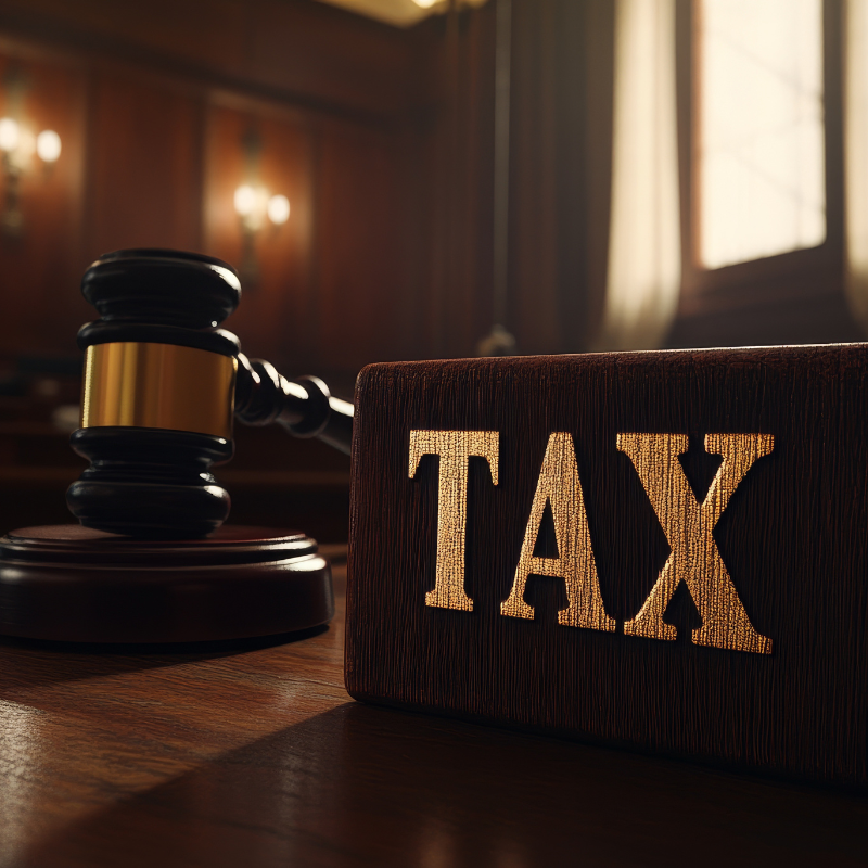 Justice Served: Gavel Striking 'TAX' Block in Dramatic Courtroom Scene