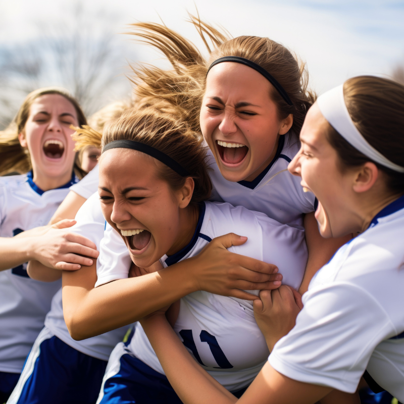 Group of young female soccer players celebrating victory